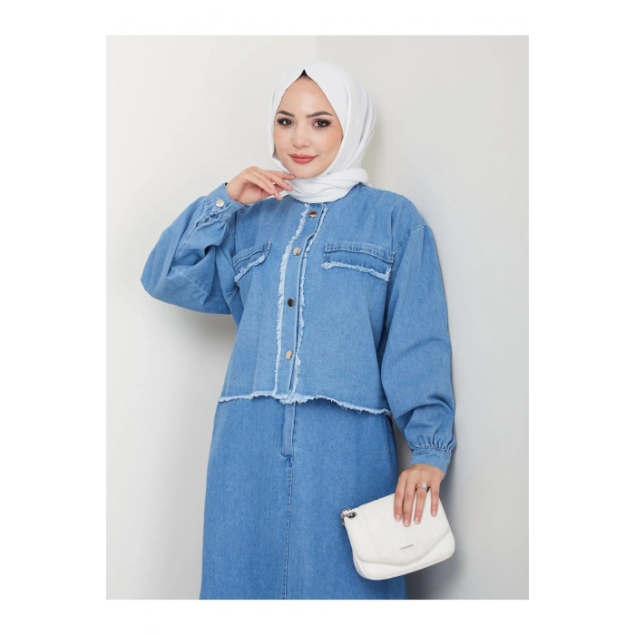 SAÇAKLI DETAYLİ AÇIK KOT TESETTÜR ETEKLİ TAKIM KOT KUMAŞ