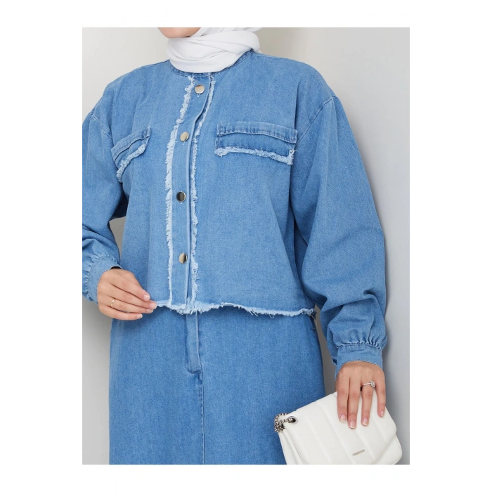 SAÇAKLI DETAYLİ AÇIK KOT TESETTÜR ETEKLİ TAKIM KOT KUMAŞ