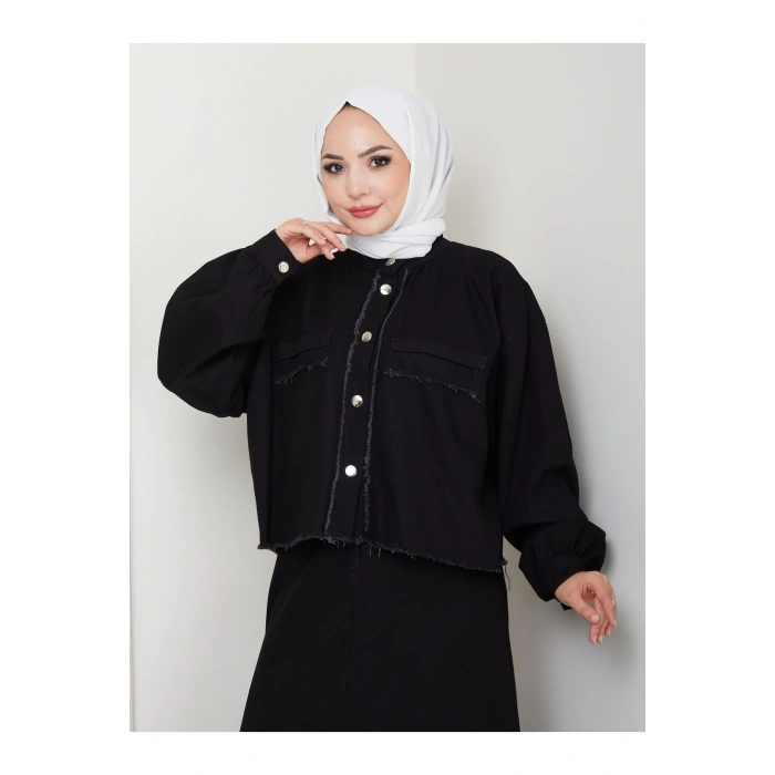 SAÇAKLI DETAYLİ SİYAH KOT TESETTÜR ETEKLİ TAKIM KOT KUMAŞ