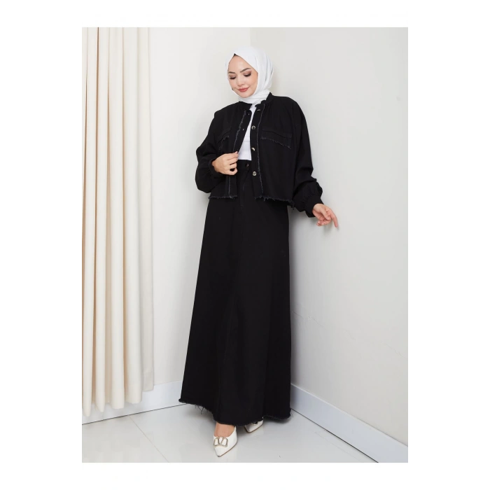 SAÇAKLI DETAYLİ SİYAH KOT TESETTÜR ETEKLİ TAKIM KOT KUMAŞ