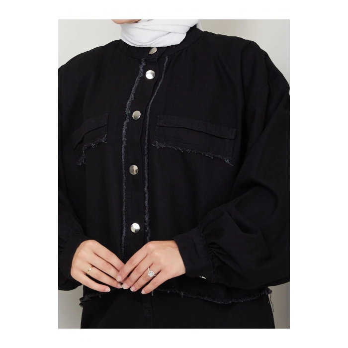 SAÇAKLI DETAYLİ SİYAH KOT TESETTÜR ETEKLİ TAKIM KOT KUMAŞ