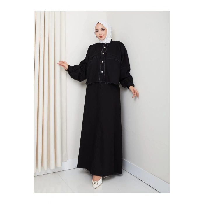 SAÇAKLI DETAYLİ SİYAH KOT TESETTÜR ETEKLİ TAKIM KOT KUMAŞ