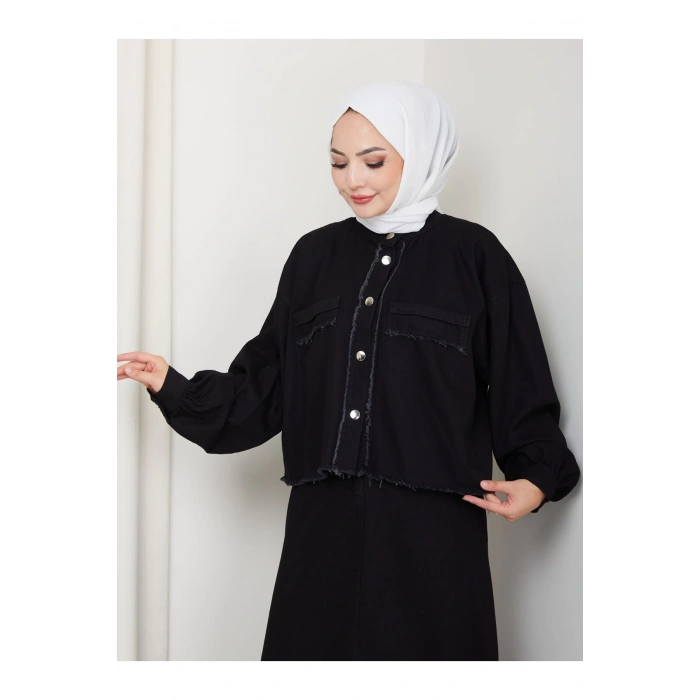 SAÇAKLI DETAYLİ SİYAH KOT TESETTÜR ETEKLİ TAKIM KOT KUMAŞ