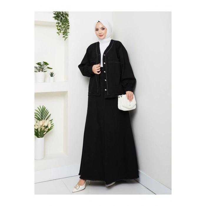 CEKETLI SAÇAKLI DETAYLİ SİYAH KOT TESETTÜR ETEKLİ TAKIM KOT KUMAŞ