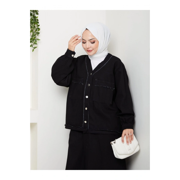 CEKETLI SAÇAKLI DETAYLİ SİYAH KOT TESETTÜR ETEKLİ TAKIM KOT KUMAŞ