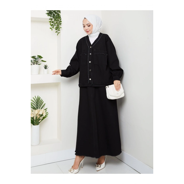 CEKETLI SAÇAKLI DETAYLİ SİYAH KOT TESETTÜR ETEKLİ TAKIM KOT KUMAŞ