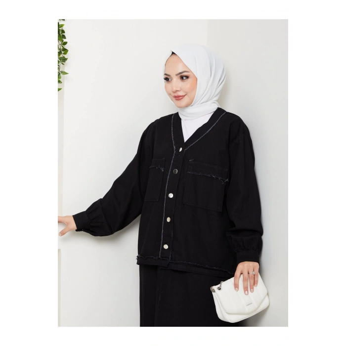 CEKETLI SAÇAKLI DETAYLİ SİYAH KOT TESETTÜR ETEKLİ TAKIM KOT KUMAŞ