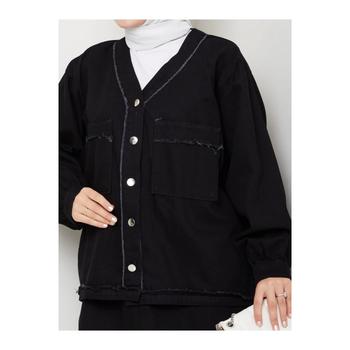 CEKETLI SAÇAKLI DETAYLİ SİYAH KOT TESETTÜR ETEKLİ TAKIM KOT KUMAŞ