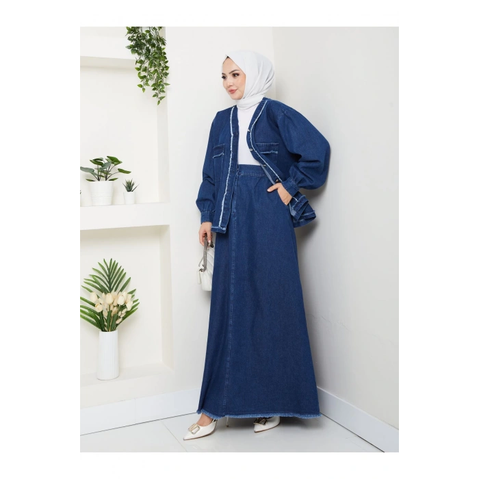 CEKETLI SAÇAKLI DETAYLİ MAVİ KOT TESETTÜR ETEKLİ TAKIM KOT KUMAŞ