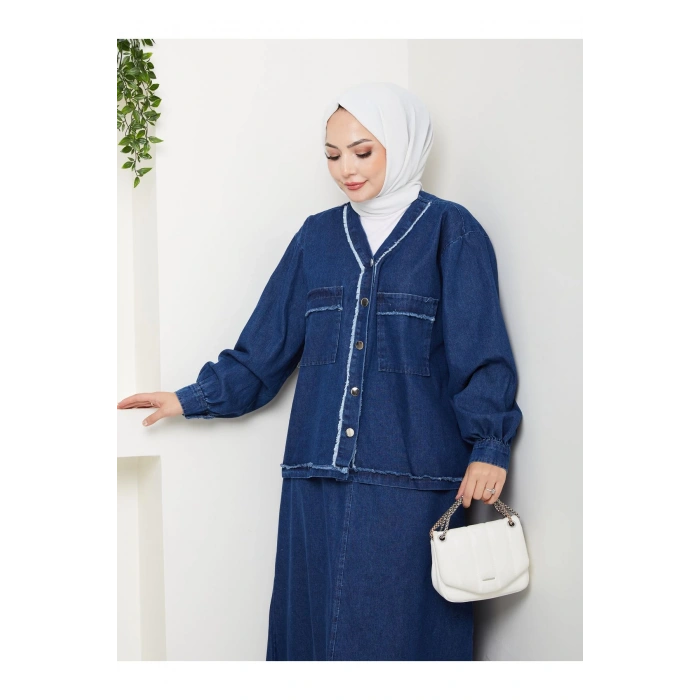 CEKETLI SAÇAKLI DETAYLİ MAVİ KOT TESETTÜR ETEKLİ TAKIM KOT KUMAŞ