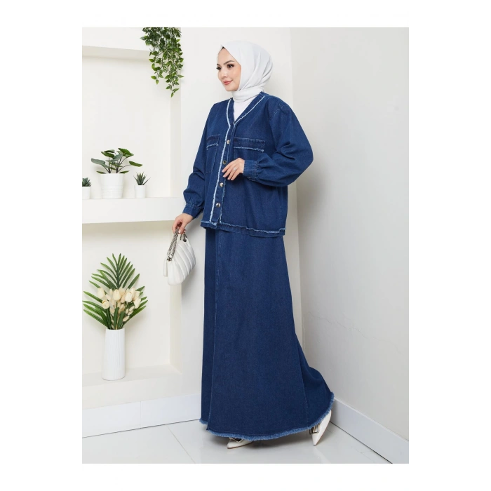 CEKETLI SAÇAKLI DETAYLİ MAVİ KOT TESETTÜR ETEKLİ TAKIM KOT KUMAŞ