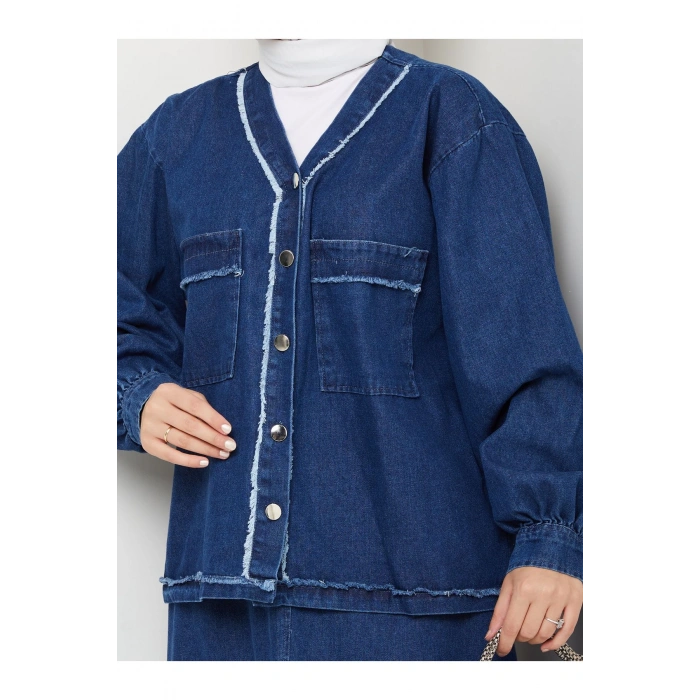 CEKETLI SAÇAKLI DETAYLİ MAVİ KOT TESETTÜR ETEKLİ TAKIM KOT KUMAŞ