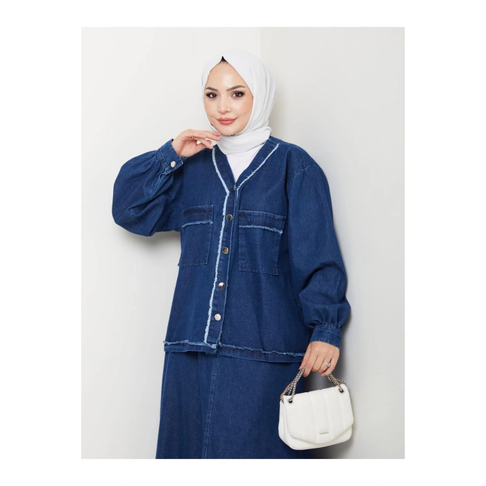 CEKETLI SAÇAKLI DETAYLİ MAVİ KOT TESETTÜR ETEKLİ TAKIM KOT KUMAŞ