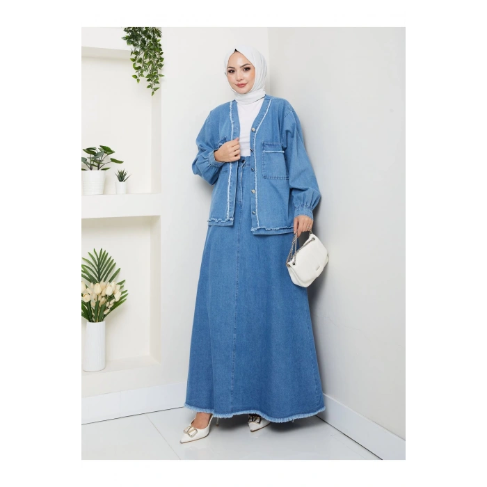 CEKETLI SAÇAKLI DETAYLİ AÇIK KOT TESETTÜR ETEKLİ TAKIM KOT KUMAŞ