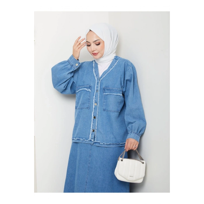 CEKETLI SAÇAKLI DETAYLİ AÇIK KOT TESETTÜR ETEKLİ TAKIM KOT KUMAŞ