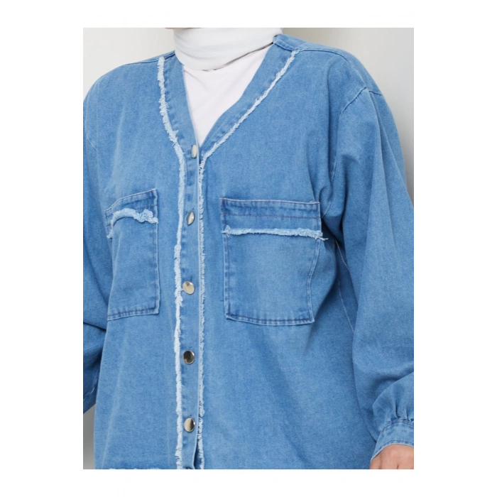 CEKETLI SAÇAKLI DETAYLİ AÇIK KOT TESETTÜR ETEKLİ TAKIM KOT KUMAŞ