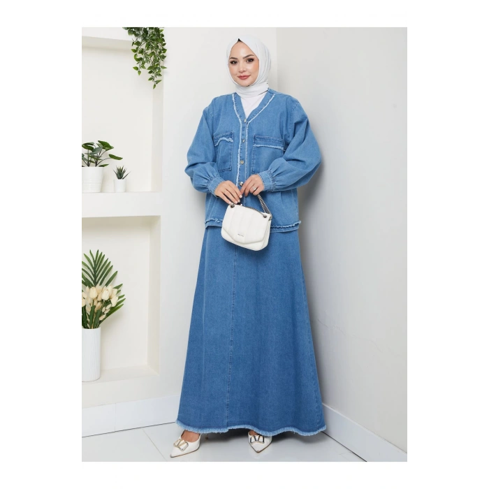 CEKETLI SAÇAKLI DETAYLİ AÇIK KOT TESETTÜR ETEKLİ TAKIM KOT KUMAŞ