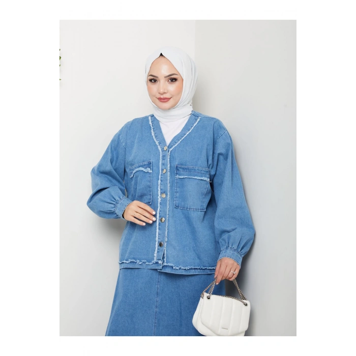 CEKETLI SAÇAKLI DETAYLİ AÇIK KOT TESETTÜR ETEKLİ TAKIM KOT KUMAŞ