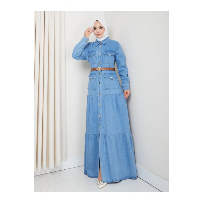 GOLD DÜĞMELİ CEPLI DERİ KEMERLİ AÇIK KOT ELBİSE TESETTÜR