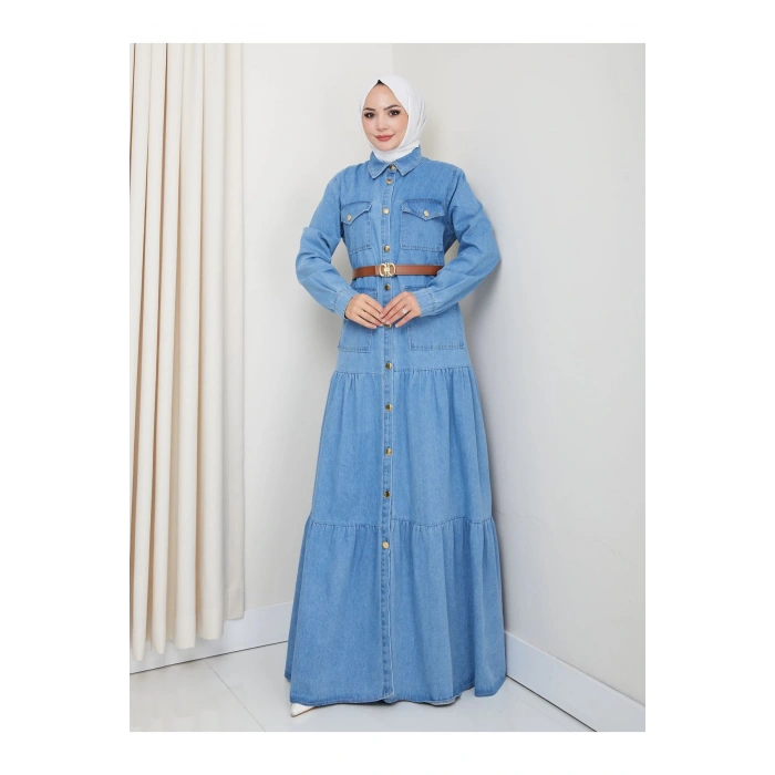 GOLD DÜĞMELİ CEPLI DERİ KEMERLİ AÇIK KOT ELBİSE TESETTÜR