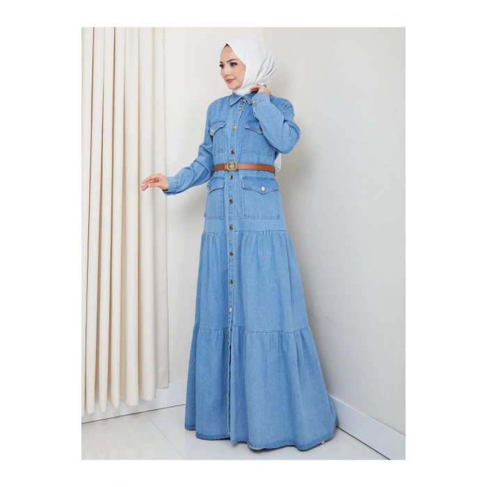 GOLD DÜĞMELİ CEPLI DERİ KEMERLİ AÇIK KOT ELBİSE TESETTÜR