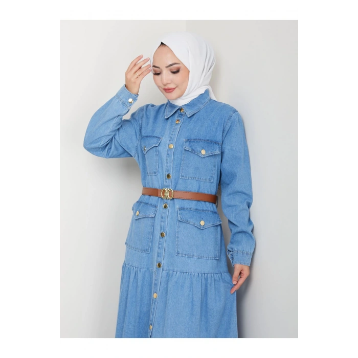 GOLD DÜĞMELİ CEPLI DERİ KEMERLİ AÇIK KOT ELBİSE TESETTÜR