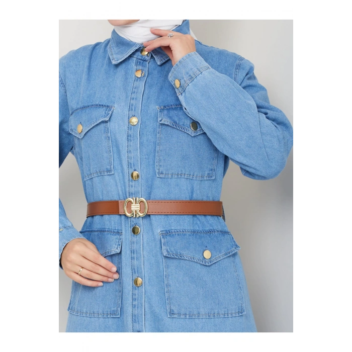 GOLD DÜĞMELİ CEPLI DERİ KEMERLİ AÇIK KOT ELBİSE TESETTÜR