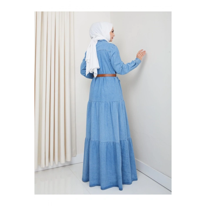 GOLD DÜĞMELİ CEPLI DERİ KEMERLİ AÇIK KOT ELBİSE TESETTÜR