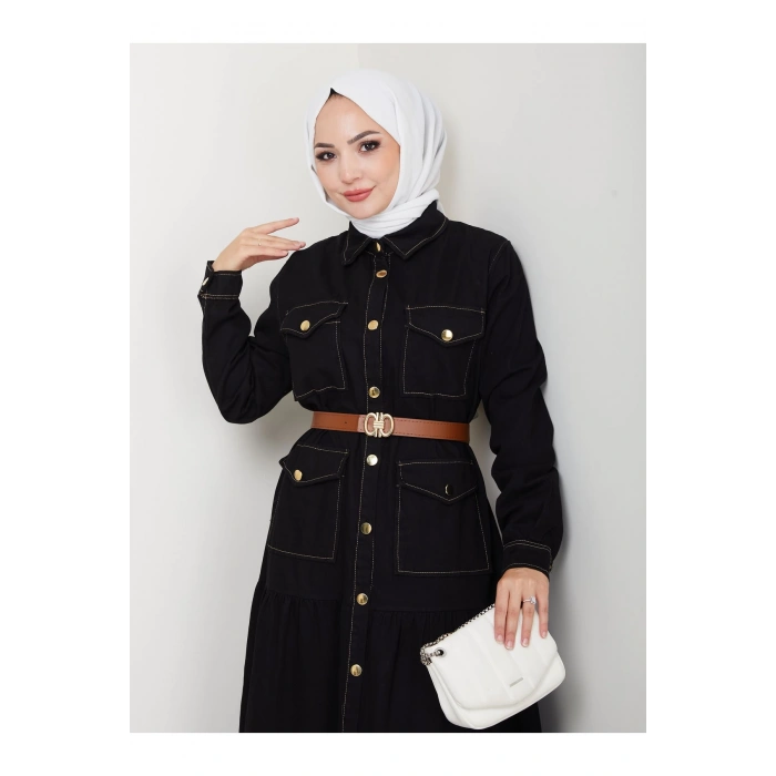 GOLD DÜĞMELİ CEPLI DERİ KEMERLİ SİYAH KOT ELBİSE TESETTÜR
