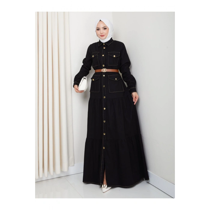 GOLD DÜĞMELİ CEPLI DERİ KEMERLİ SİYAH KOT ELBİSE TESETTÜR