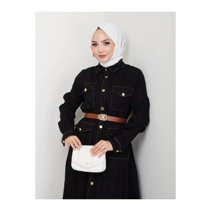 GOLD DÜĞMELİ CEPLI DERİ KEMERLİ SİYAH KOT ELBİSE TESETTÜR