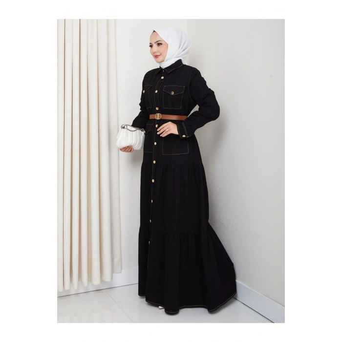 GOLD DÜĞMELİ CEPLI DERİ KEMERLİ SİYAH KOT ELBİSE TESETTÜR