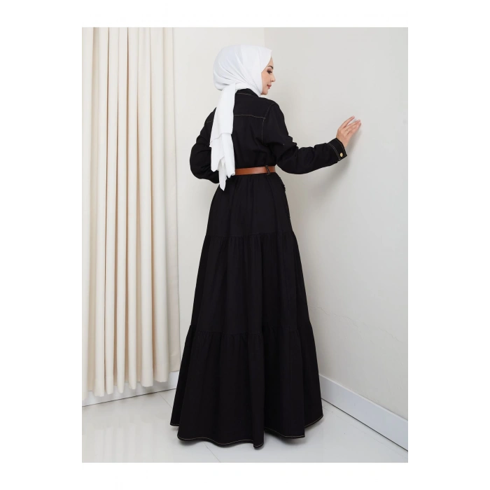 GOLD DÜĞMELİ CEPLI DERİ KEMERLİ SİYAH KOT ELBİSE TESETTÜR