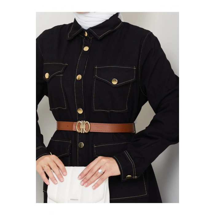 GOLD DÜĞMELİ CEPLI DERİ KEMERLİ SİYAH KOT ELBİSE TESETTÜR