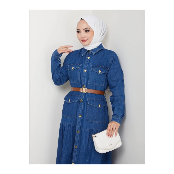 GOLD DÜĞMELİ CEPLI DERİ KEMERLİ MAVİ KOT ELBİSE TESETTÜR