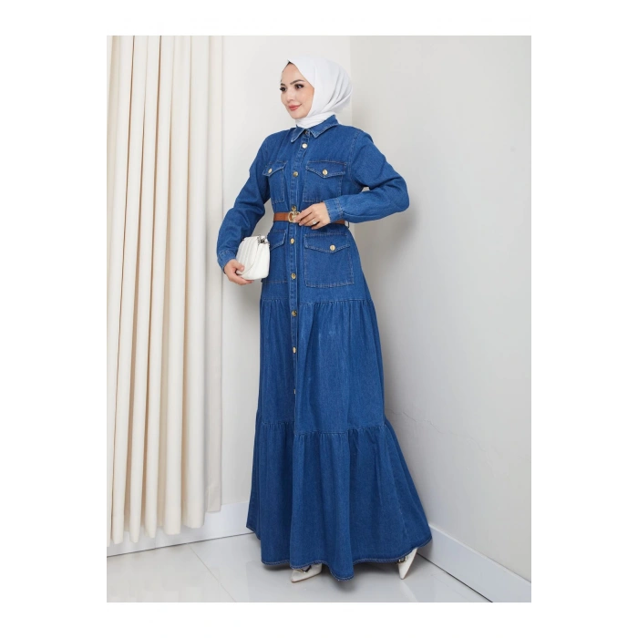 GOLD DÜĞMELİ CEPLI DERİ KEMERLİ MAVİ KOT ELBİSE TESETTÜR