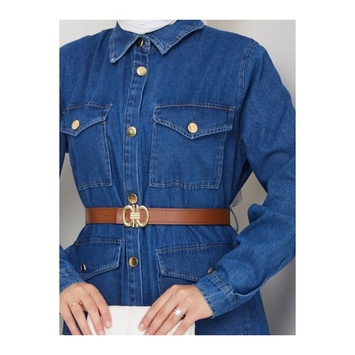 GOLD DÜĞMELİ CEPLI DERİ KEMERLİ MAVİ KOT ELBİSE TESETTÜR