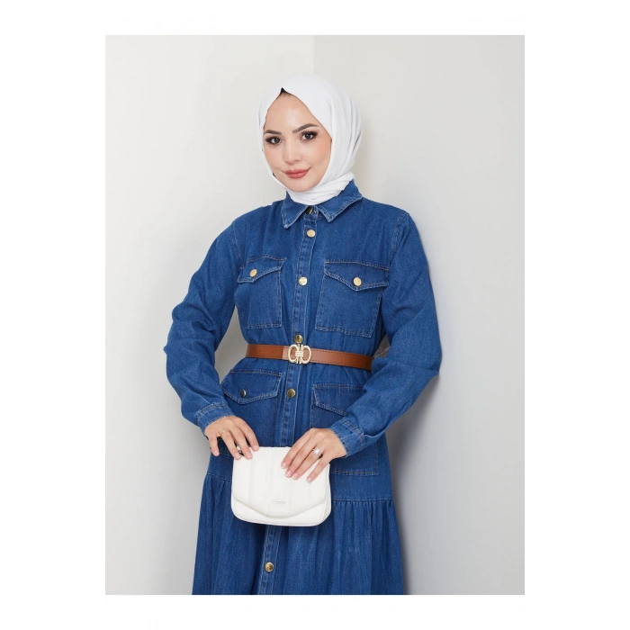 GOLD DÜĞMELİ CEPLI DERİ KEMERLİ MAVİ KOT ELBİSE TESETTÜR