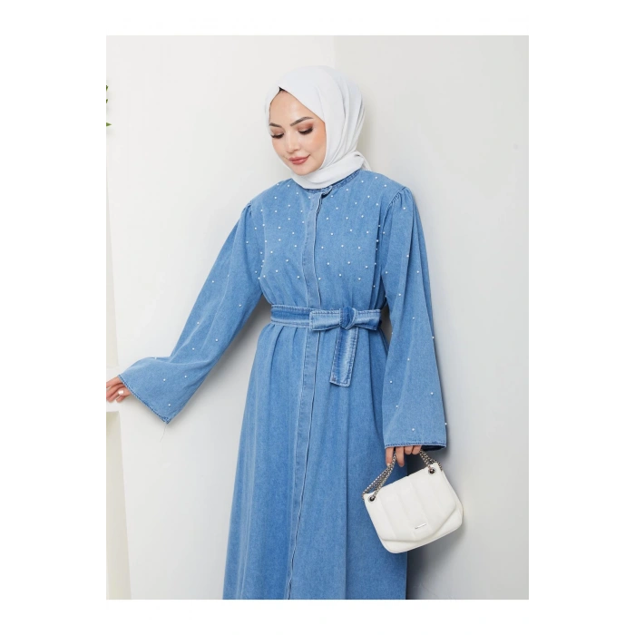 İNCİ DETAYLİ ABİYE FUL DÜĞME KAPATMA AÇIK KOT ELBİSE TESETTÜR