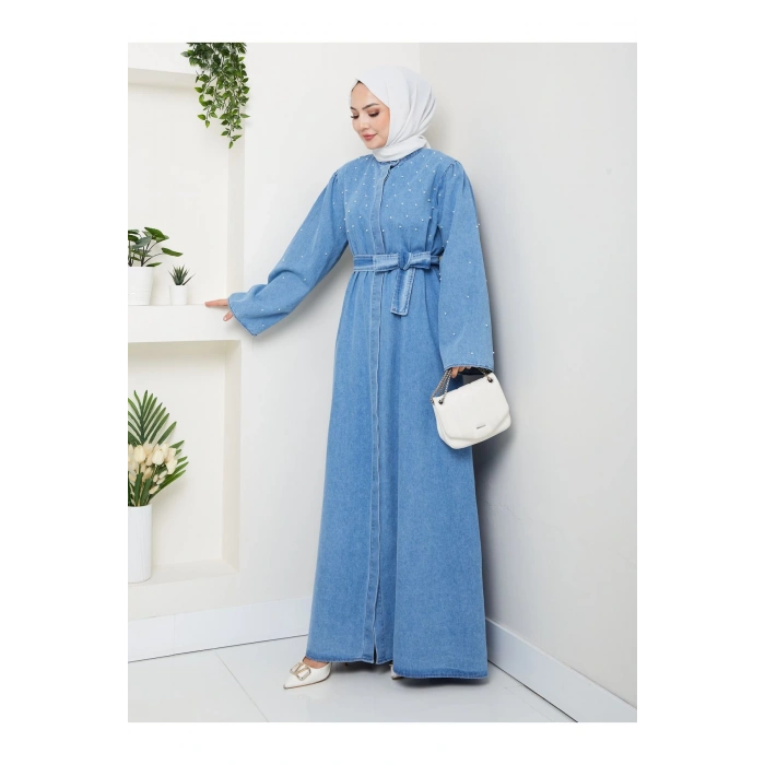 İNCİ DETAYLİ ABİYE FUL DÜĞME KAPATMA AÇIK KOT ELBİSE TESETTÜR