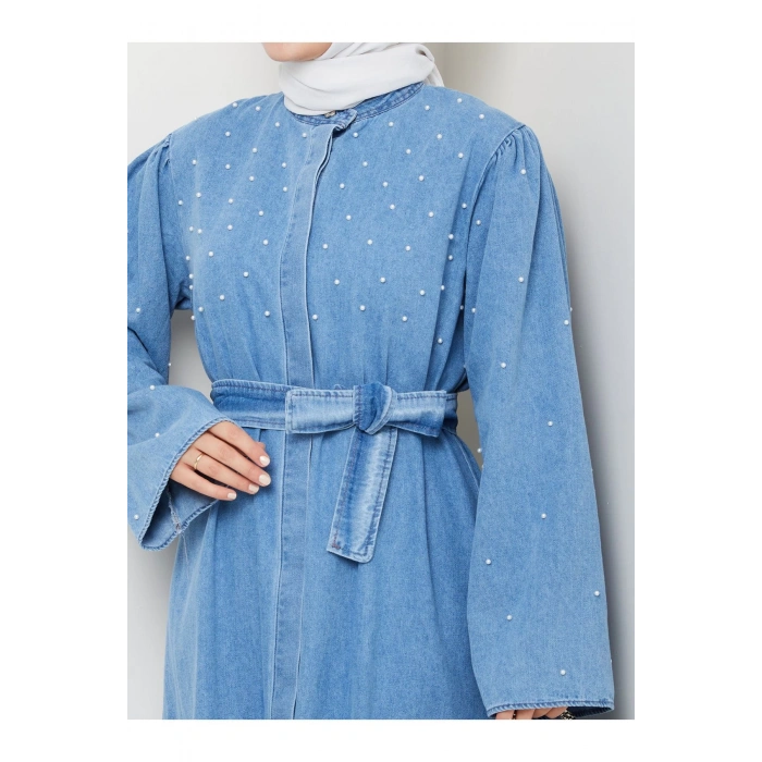 İNCİ DETAYLİ ABİYE FUL DÜĞME KAPATMA AÇIK KOT ELBİSE TESETTÜR