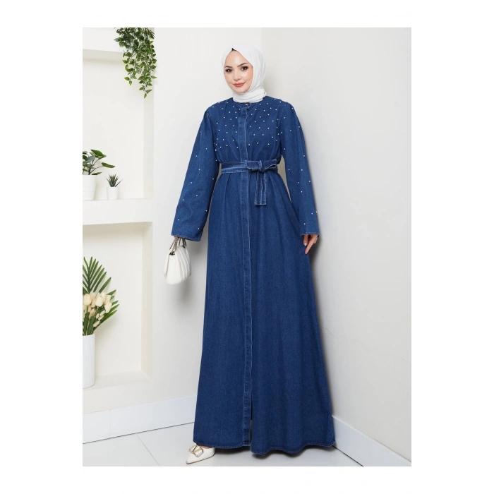 İNCİ DETAYLİ ABİYE FUL DÜĞME KAPATMA MAVİ KOT ELBİSE TESETTÜR