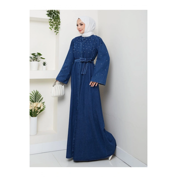İNCİ DETAYLİ ABİYE FUL DÜĞME KAPATMA MAVİ KOT ELBİSE TESETTÜR