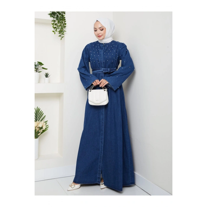 İNCİ DETAYLİ ABİYE FUL DÜĞME KAPATMA MAVİ KOT ELBİSE TESETTÜR