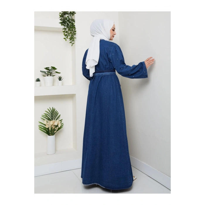 İNCİ DETAYLİ ABİYE FUL DÜĞME KAPATMA MAVİ KOT ELBİSE TESETTÜR