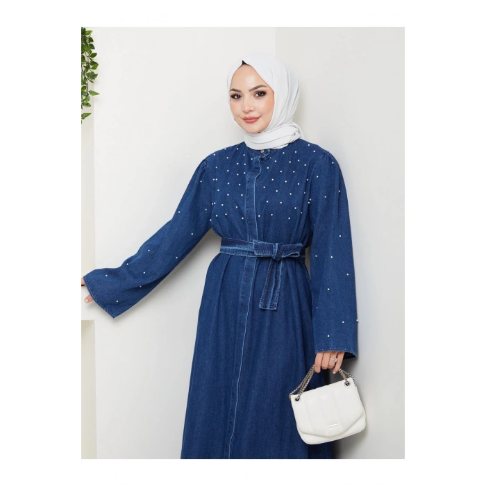 İNCİ DETAYLİ ABİYE FUL DÜĞME KAPATMA MAVİ KOT ELBİSE TESETTÜR