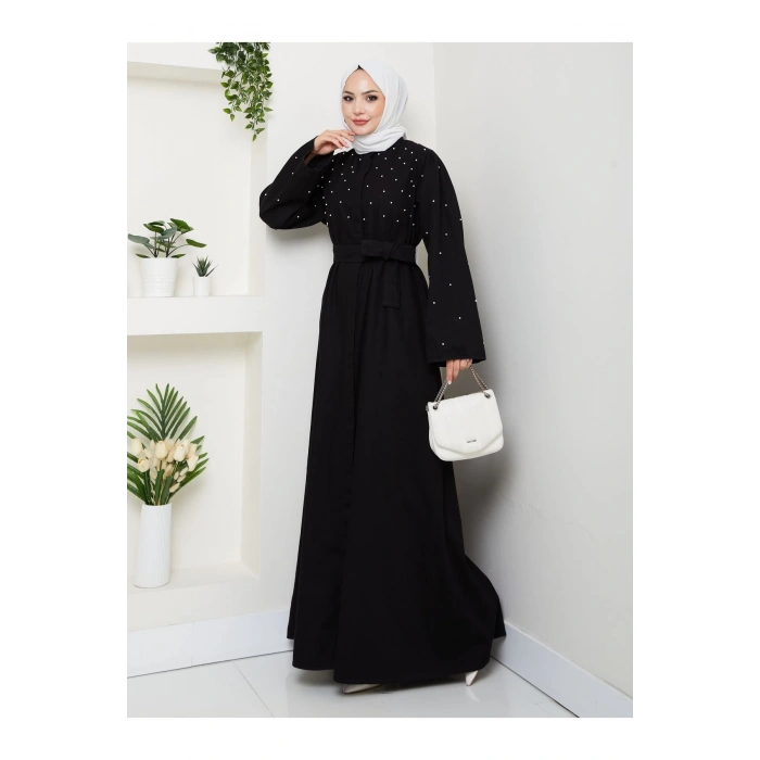 İNCİ DETAYLİ ABİYE FUL DÜĞME KAPATMA SİYAH KOT ELBİSE TESETTÜR