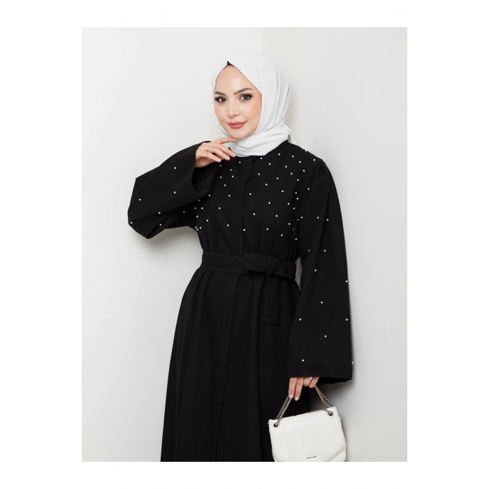 İNCİ DETAYLİ ABİYE FUL DÜĞME KAPATMA SİYAH KOT ELBİSE TESETTÜR