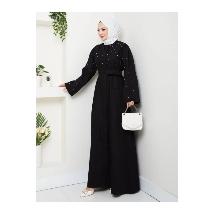 İNCİ DETAYLİ ABİYE FUL DÜĞME KAPATMA SİYAH KOT ELBİSE TESETTÜR