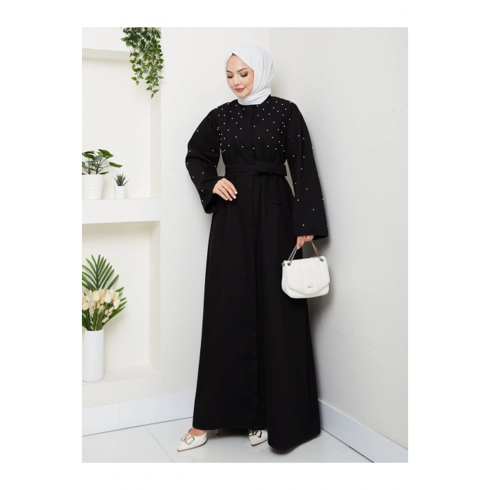 İNCİ DETAYLİ ABİYE FUL DÜĞME KAPATMA SİYAH KOT ELBİSE TESETTÜR